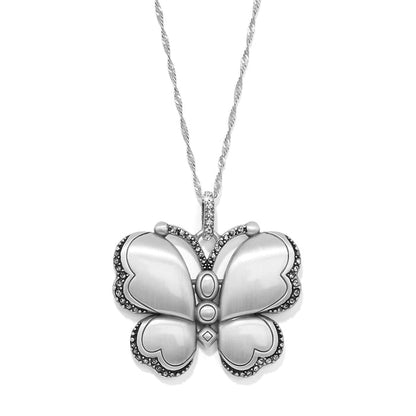 Brighton butterfly pendant necklace with silver-plated wings, crystal accents, and twisted chain on a white background