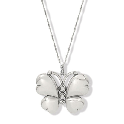 Brighton butterfly pendant necklace with silver-plated wings, crystal-accented bail, and twisted chain on a white background