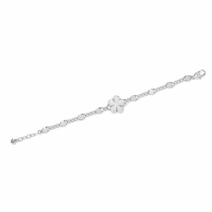 Brighton silver-plated bracelet with central flower charm, round link accents, and lobster clasp on a white background