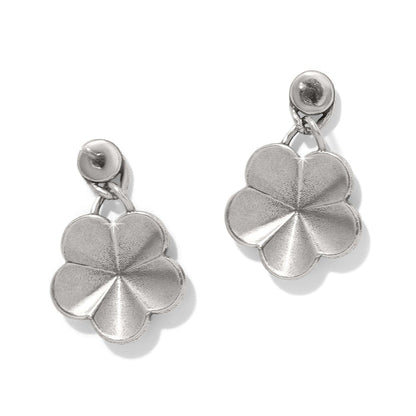 Brighton drop earrings with silver-plated scalloped flower charms and round post tops on a white background