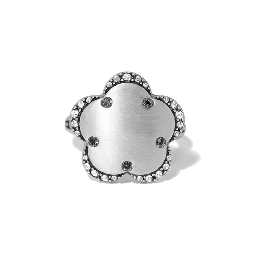 Brighton silver-plated flower-shaped ring with crystal-edged petals and crystal accents at center on a white background