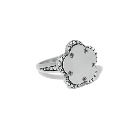 Brighton silver-plated ring with floral-shaped top and fine quality crystal accents along the band on a white background