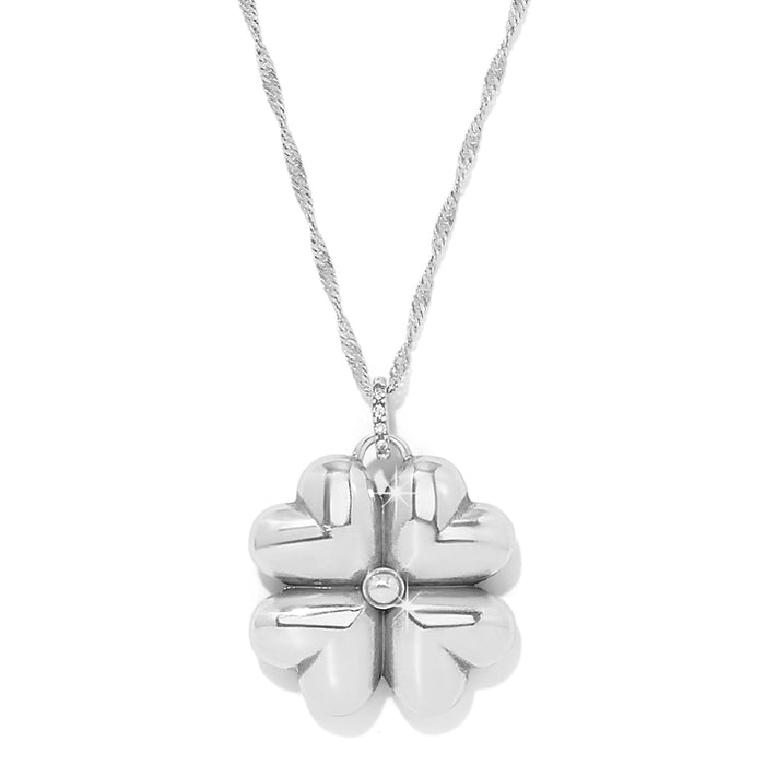 Brighton pendant necklace with silver-plated four-leaf clover and crystal-accented bail on twisted chain on a white background