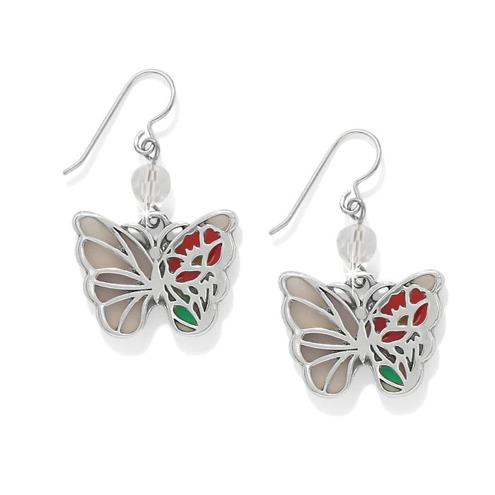 Brighton butterfly drop earrings with silver-plated wings, red and green enamel accents, and crystal beads on a white background