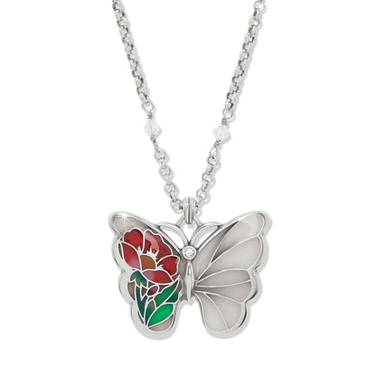 Brighton pendant necklace with silver-plated butterfly featuring red floral enamel wing and crystal accent on a white background