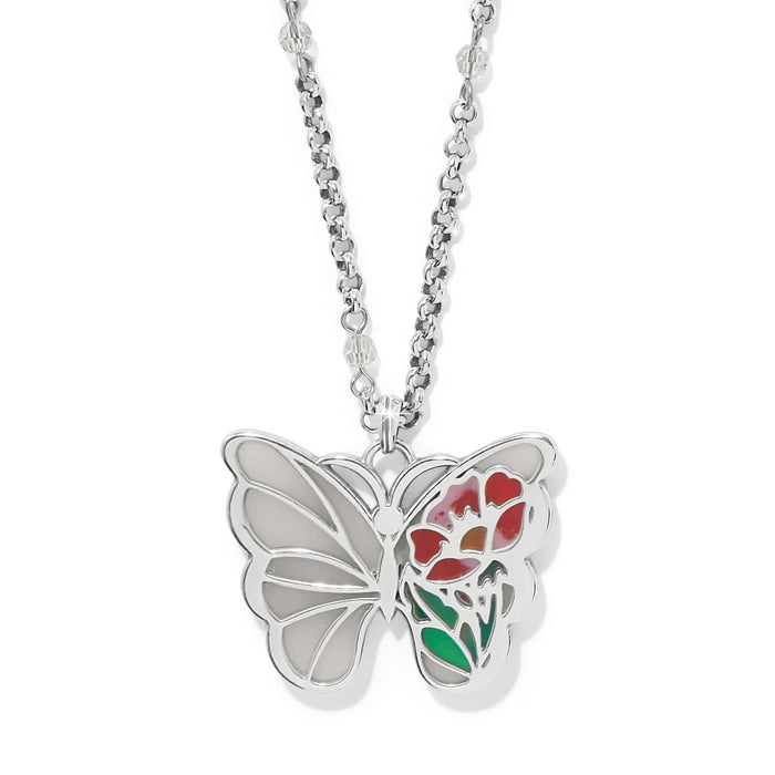 Brighton pendant necklace with silver-plated butterfly featuring enamel floral detail and crystal beaded chain on a white background