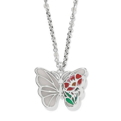 Brighton pendant necklace with silver-plated butterfly featuring enamel floral detail and crystal beaded chain on a white background