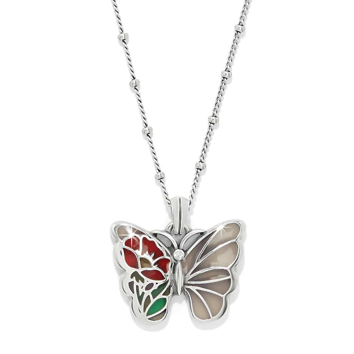 Brighton pendant necklace with silver-plated butterfly featuring enamel floral wing design and crystal accent on a white background