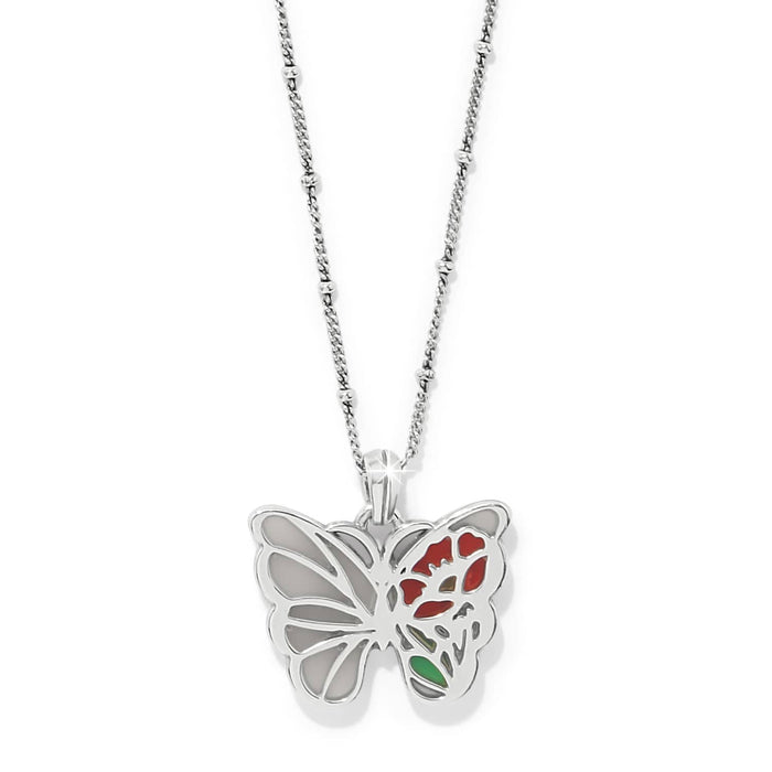 Brighton silver-plated butterfly pendant necklace with red and green enamel wing details on a white background
