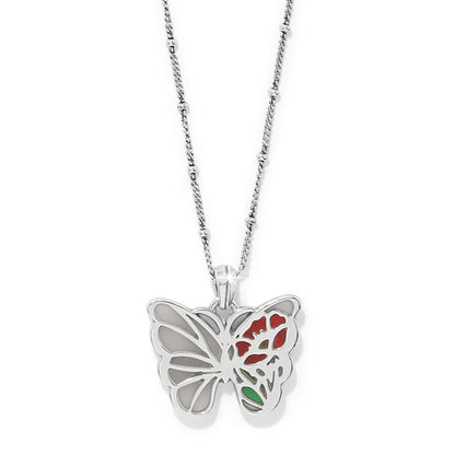Brighton silver-plated butterfly pendant necklace with red and green enamel wing details on a white background