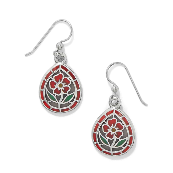 Brighton drop earrings with silver-plated teardrop frames featuring red enamel flower and stained-glass design on a white background