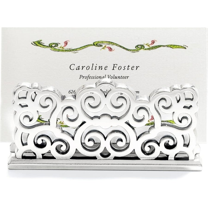Brighton business card holder with silver-plated ornate scrollwork design holding a printed card on a white background
