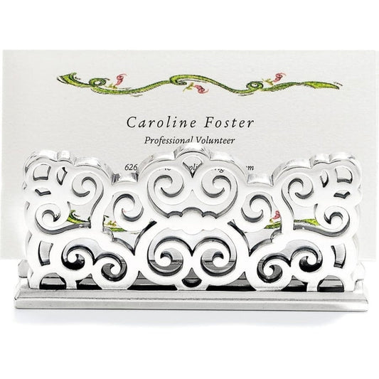 Brighton business card holder with silver-plated ornate scrollwork design holding a printed card on a white background