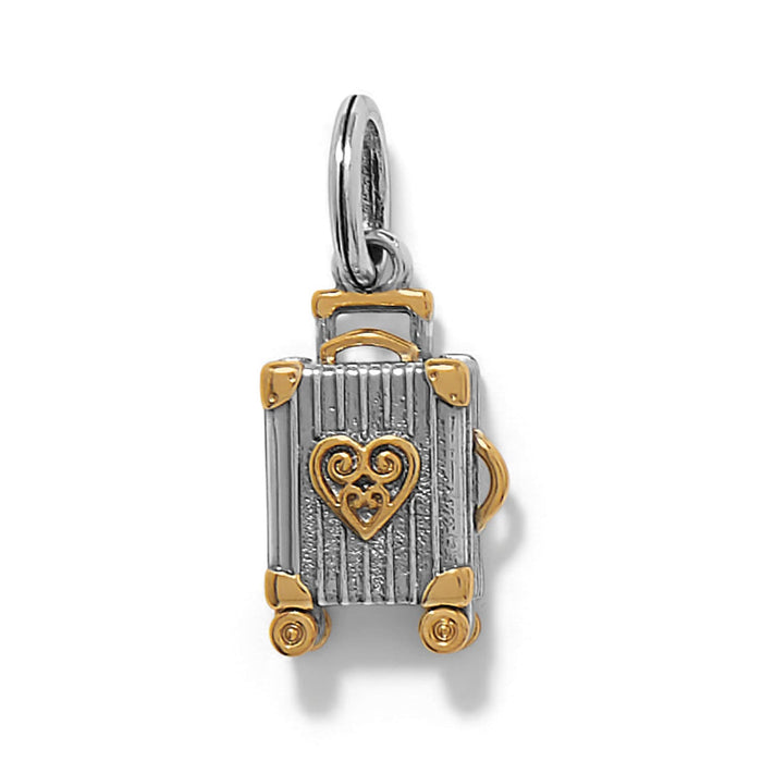 Brighton suitcase charm in two-tone finish with ribbed silver-tone body and gold-tone heart, corners, and wheels on a white background