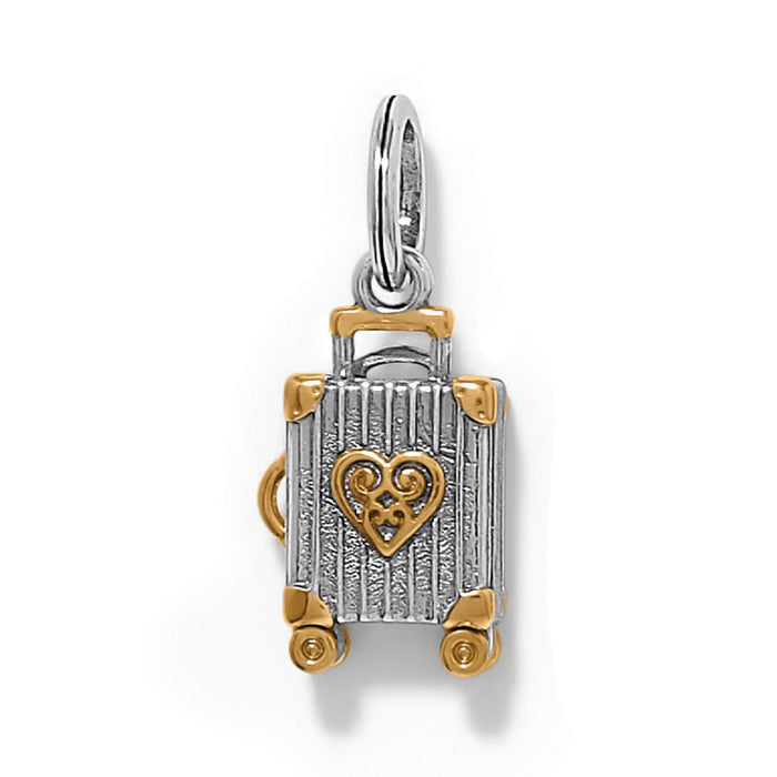Brighton suitcase charm with ribbed silver-tone body, gold-tone heart medallion, corners, and wheels on a white background