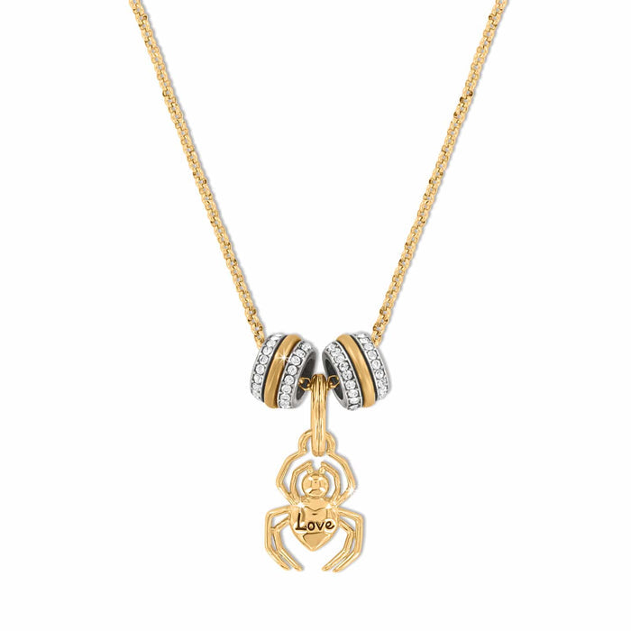 Brighton gold-plated necklace with spider charm engraved Love and two crystal-accented enamel bead spacers on a white background