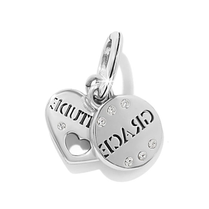 Brighton charm with silver-plated heart and round discs engraved Gratitude and Grace with crystal accents on a white background