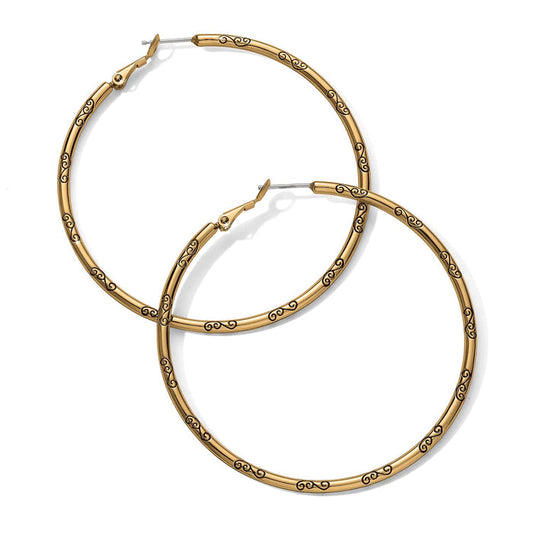 Brighton hoop earrings in gold-plated finish with engraved scroll detail along the hoops on a white background