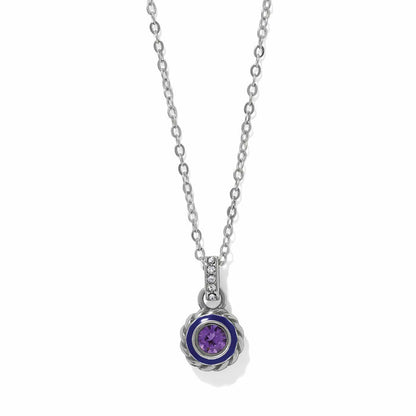 Brighton pendant necklace with purple crystal, blue enamel ring, silver-plated rope frame, and crystal-set bail on a white background