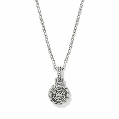 Brighton pendant necklace with silver-plated round medallion featuring beaded center and rope border on a white background