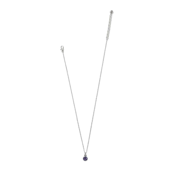 Brighton silver-plated pendant necklace with round purple crystal drop and lobster clasp on a white background