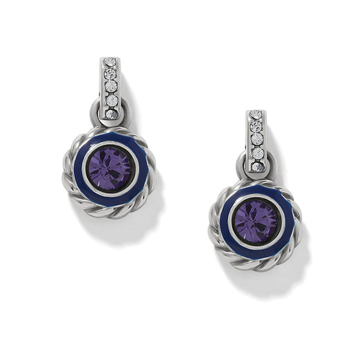 Brighton drop earrings with purple crystals, blue enamel accents, and silver-plated rope detail on a white background