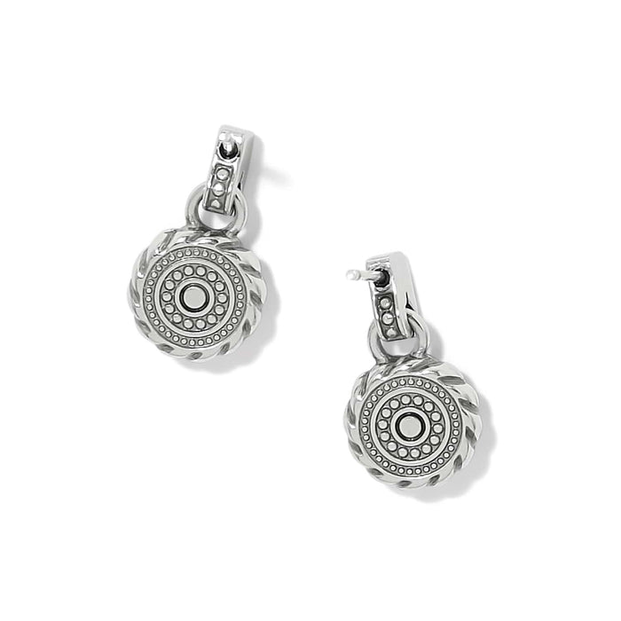 Brighton drop earrings with silver-plated round medallions featuring beaded concentric circles and rope-twist borders on a white background
