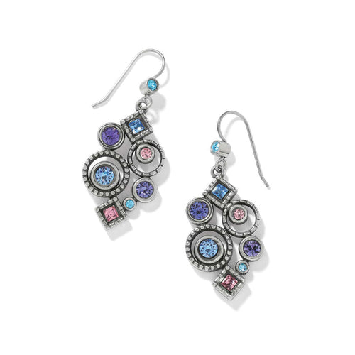 Brighton drop earrings with blue, purple, and pink crystals in silver-plated circle and square settings on a white background
