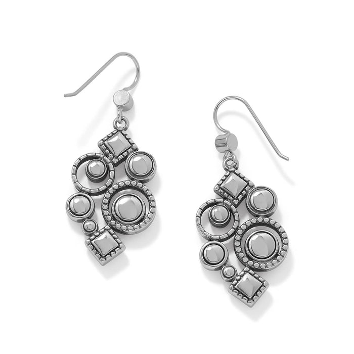 Brighton drop earrings with silver-plated geometric circle and square charms in chandelier arrangement on a white background