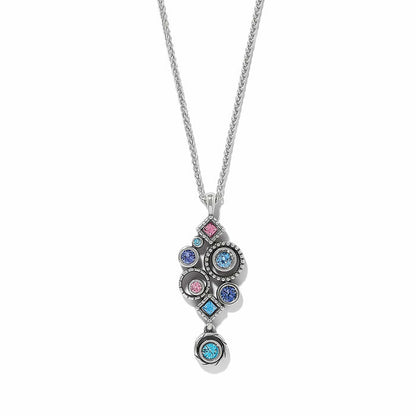 Brighton pendant necklace with silver-plated chain and pink, blue, and aqua crystal cluster on a white background
