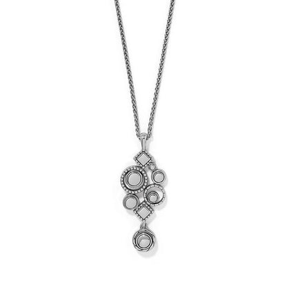 Brighton pendant necklace with silver-plated geometric cluster of circles and diamond shapes on a white background