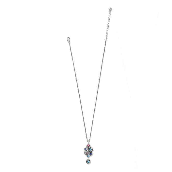 Brighton pendant necklace with multicolored crystal cluster and silver-plated chain on a white background