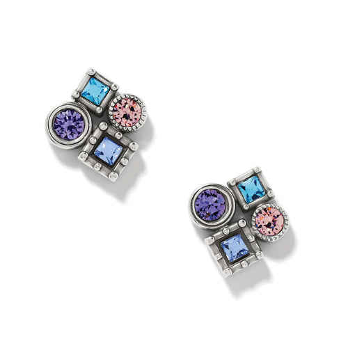 Brighton stud earrings with purple, blue, and pink crystals in silver-plated geometric settings on a white background