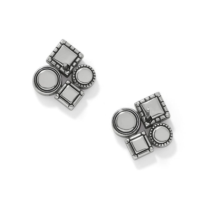 Brighton stud earrings with silver-plated geometric square and circle cluster design on a white background