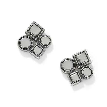 Brighton stud earrings with silver-plated geometric square and circle cluster design on a white background