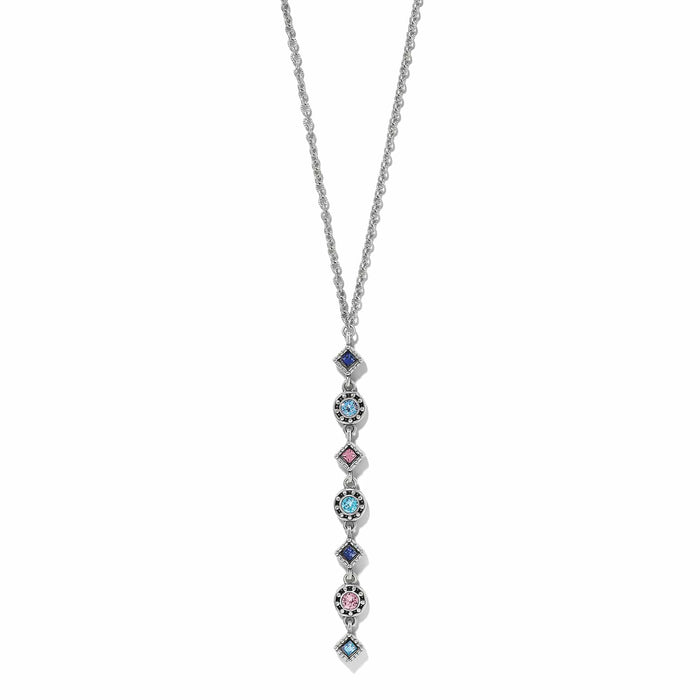 Brighton silver-plated drop necklace with alternating blue, pink, and aqua crystals in geometric settings on a white background