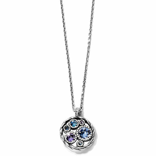 Brighton pendant necklace with silver-plated round cluster of blue and purple crystals on a white background