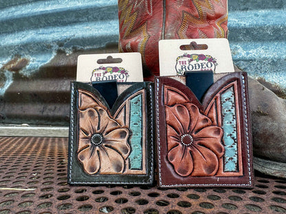 Hand Tooled Leather Boot Wallet with Flower and Southwest Bar