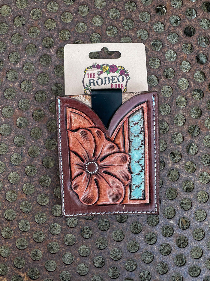 Hand Tooled Leather Boot Wallet with Flower and Southwest Bar