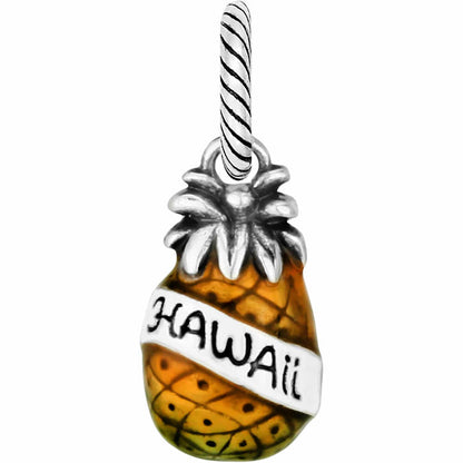 Brighton pineapple charm with orange and green enamel finish and silver-tone Hawaii banner on a white background