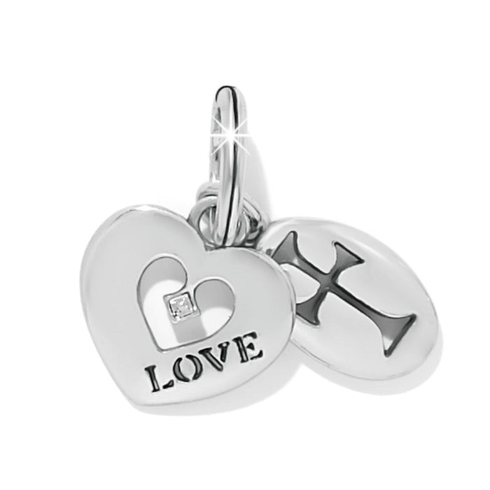 Brighton charm set with silver-plated heart engraved LOVE, crystal accent, and cross charm on a white background