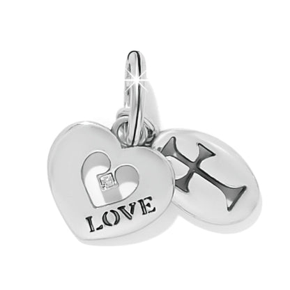 Brighton charm set with silver-plated heart engraved LOVE, crystal accent, and cross charm on a white background