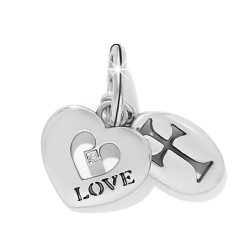Brighton charm set with silver-plated heart engraved LOVE, crystal accent, and cross charm on a white background