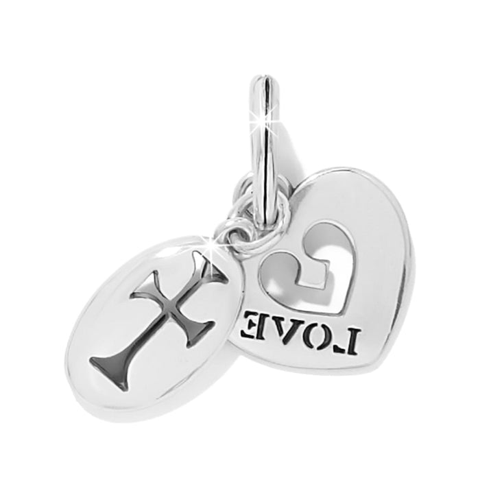 Brighton charm pendants with silver-plated cross oval and heart with cutout heart and Love engraving on a white background