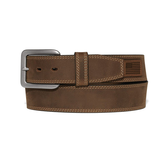 Brighton brown leather belt with contrast stitching, silver-tone buckle, and embossed American flag accent on a white background