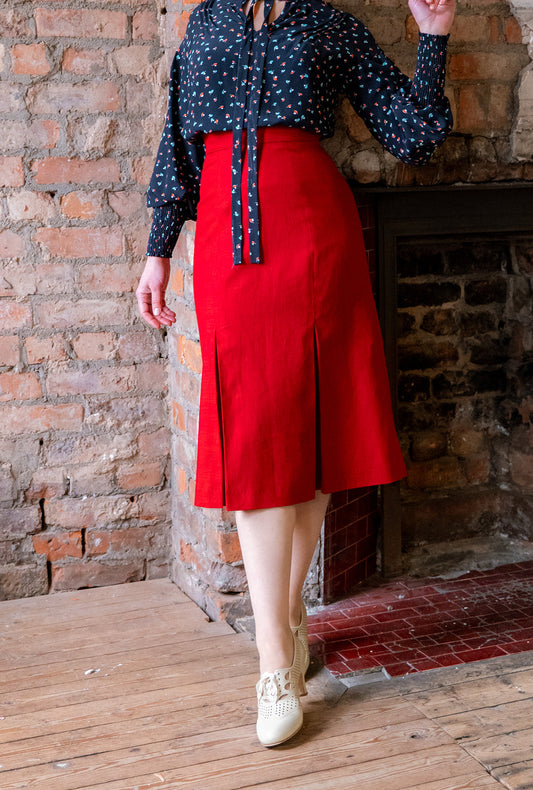 1940s Prim Pleated Skirt - Red Natural Fibre