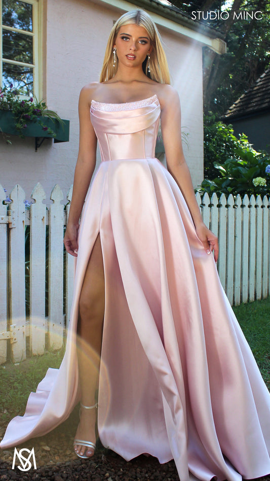 Honey - Light Pink formal Dress | Strapless corset pearl detail Mikado satin ball gown