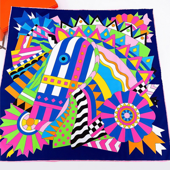Horse Head Silk Scarf Navy / 90cm