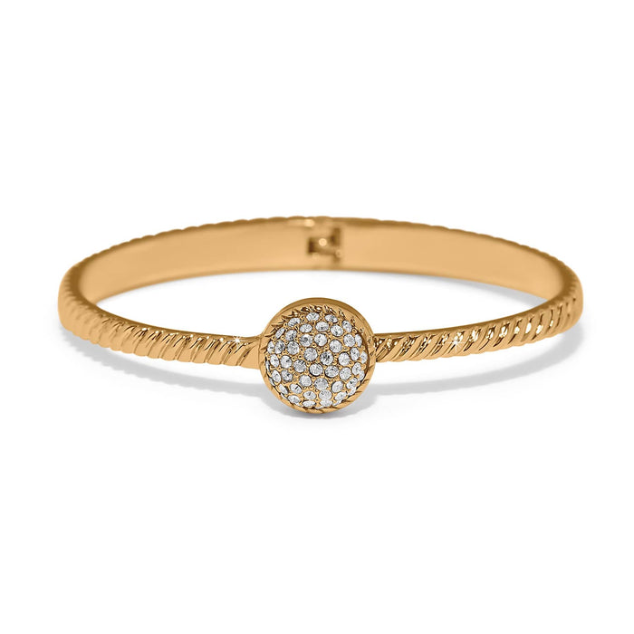 Brighton bangle bracelet with gold-plated rope texture and round crystal pavé medallion centerpiece on a white background