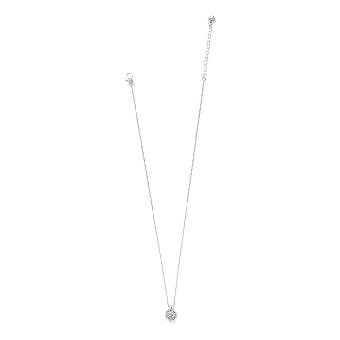 Brighton pendant necklace with small silver-plated crystal disc charm and lobster clasp extender on a white background